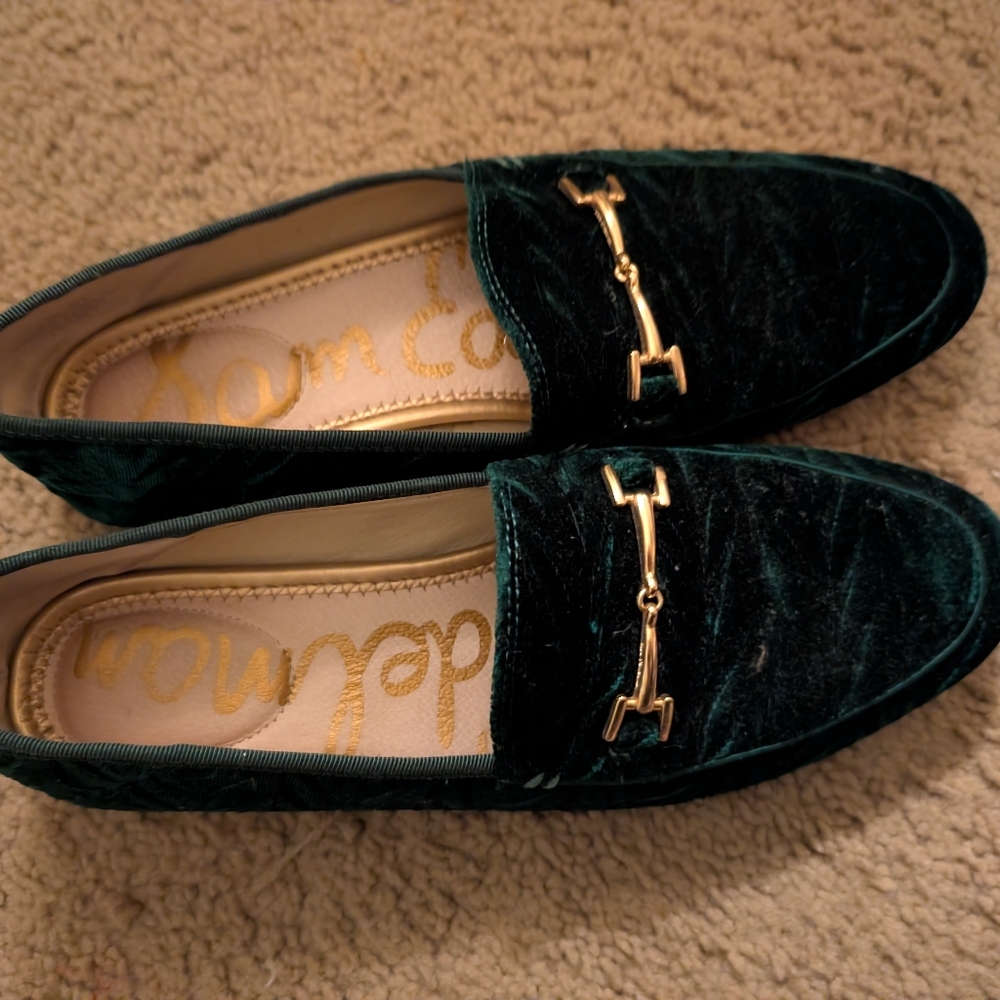 Sam Edelman Green Velvet Loafers with Gold Accent